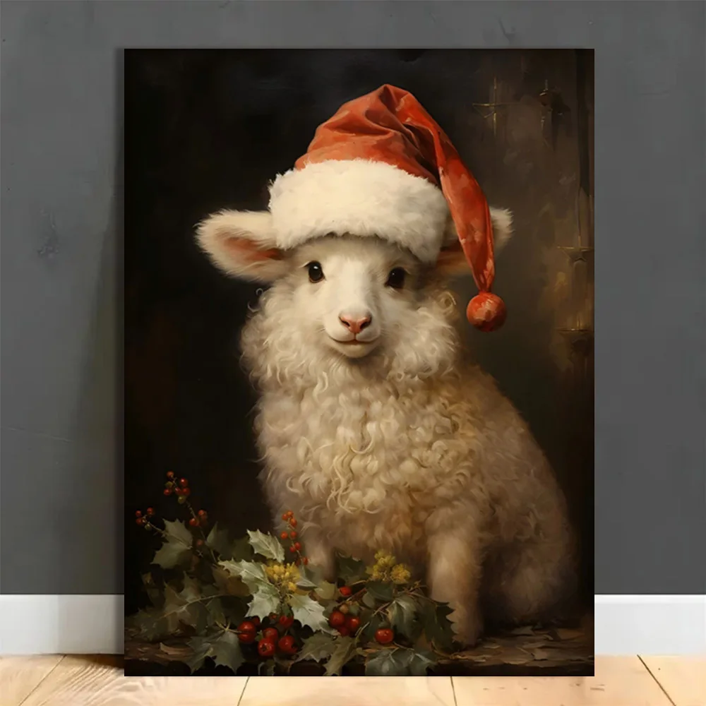 (No frame)2D Flat, 2D Flat, Canvas Artwork Featuring a Vintage Christmas Sheep Design in a Wooden Frame, Inspired by Victoria