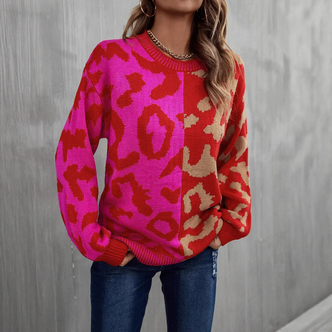 

Новый весенний свитер с леопардовым принтом, комбинированный вязаный свитер-пуловер.