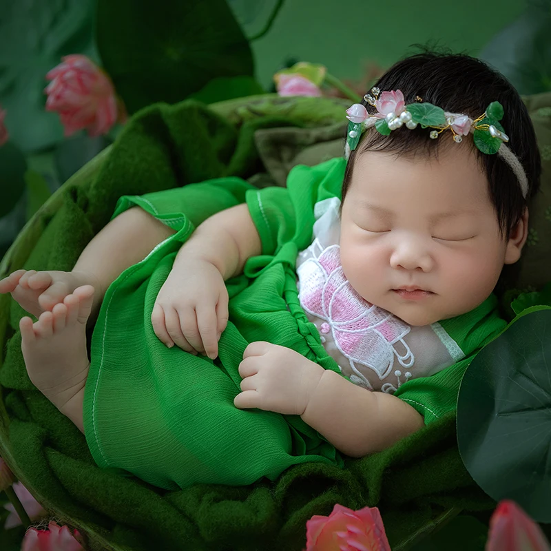 Pakaian properti fotografi bayi perempuan, gaun hiasan kepala Aksesori Lotus Prop gaya kecil segar foto kreatif bayi