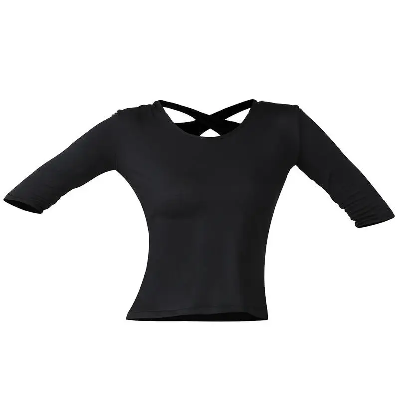 Latin Dance Cross Top, Moderne Dans Training Vaardigheden Kleding, Nieuwe Volwassen Dames Mid Mouw Kleding, Voor En Achter Dual W