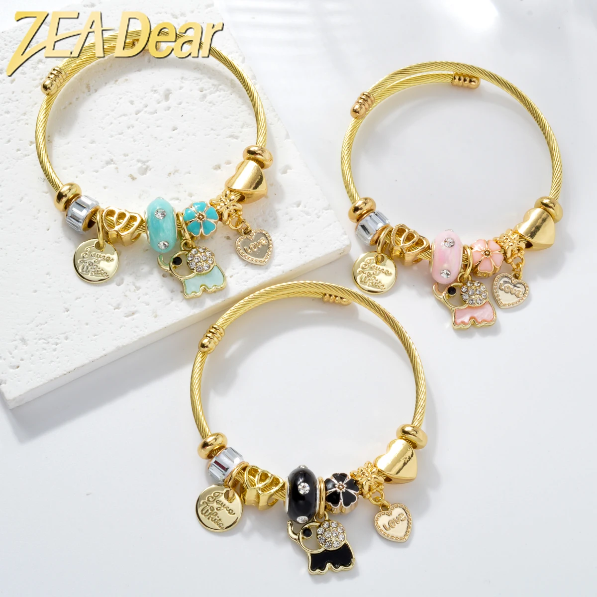 ZEADear DIY Jewelry Pandora Bracelets Gold Color Stainless Steel Bangle Cute Elephant Animals Charms For Women Girls Gifts