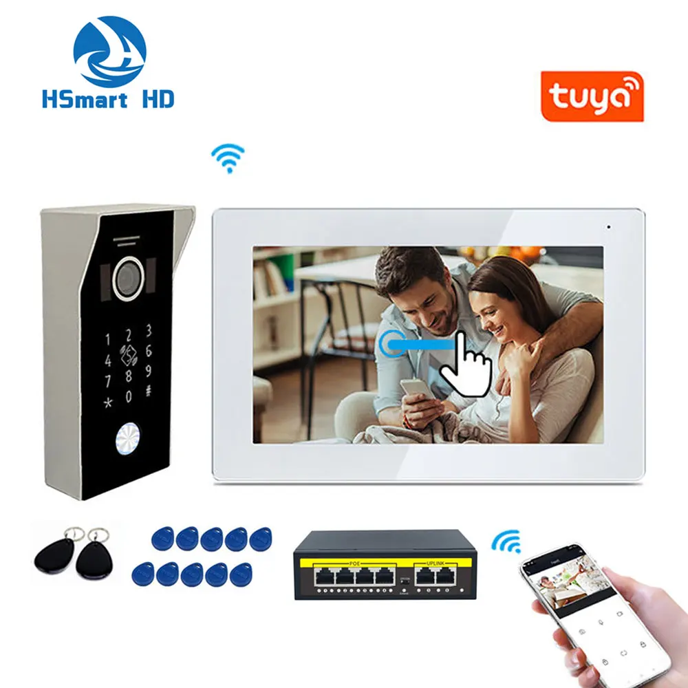 Tuya-Visiophone avec Détection de Mouvement, Wi-Fi, POE, 7 Pouces, Sonnette, Caméra, RFID, Système de Clavier à Code, pour Maison, Appartement