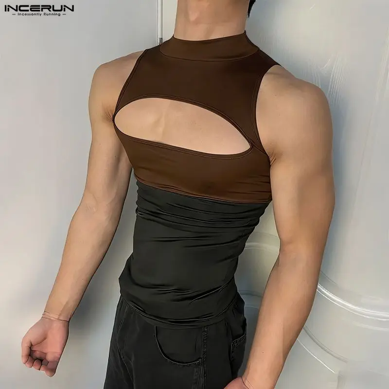 INCERUN Men Tank Tops Patchwork Turtleneck Sleeveless Hollow Out Male Vests Summer Sexy Streetwear Fashion Casual Men Clothing