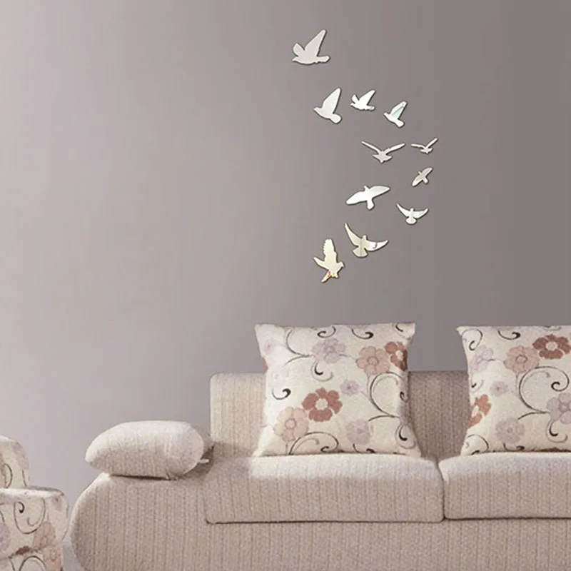 11Pcs Flying Birds Diy 3D Acrylic Mirror Wall Sticker Silver Removable Wall Decal Wall Decoration for Living Room Bedroom Home