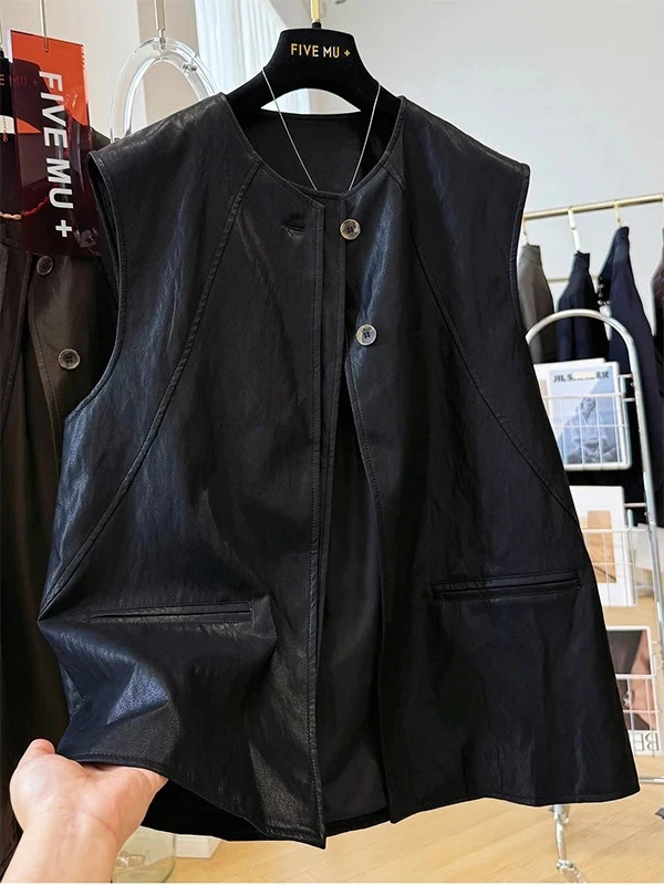 Kamizelka damska z ekoskóry PU w stylu retro, bardzo duża, luźna, z okrągłym dekoltem, z poduszkami na ramiona, płaszcz jesienno-zimowy, modny.