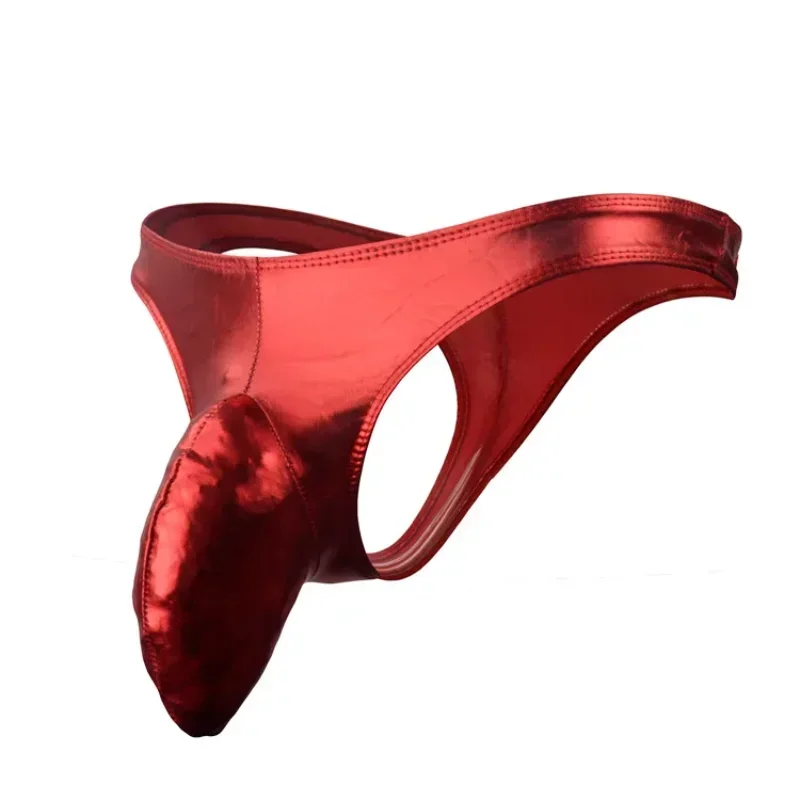 Men's Erotic Underwear Shiny Faux Leather T-Back G-string Penis Sleeves Closed Sheath Wet Look Clubwear Thong Homme Slip Panties