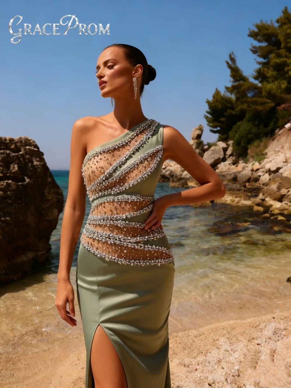 فستان سهرة مثير بكتف واحد رشيق مطرز بالكريستال ثوب مسائي ساحر على شكل حرف a بطول الأرض للحفلات حسب الطلب