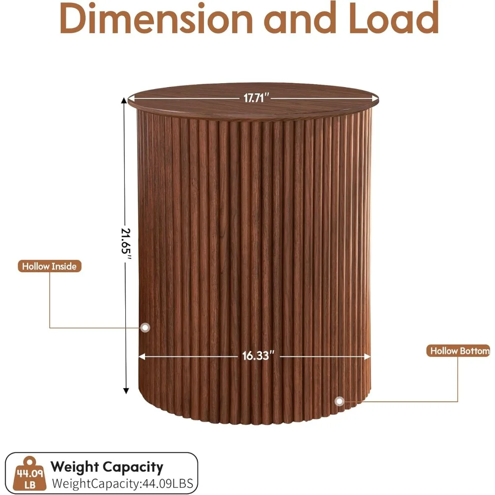현대적인 플루트 모양의 원형 사이드 테이블 - 소형 미드 센추리 나이트스탠드, 17.7인치 원형 침대 옆 테이블, 현대적인 가정용 원목 나이트스탠드