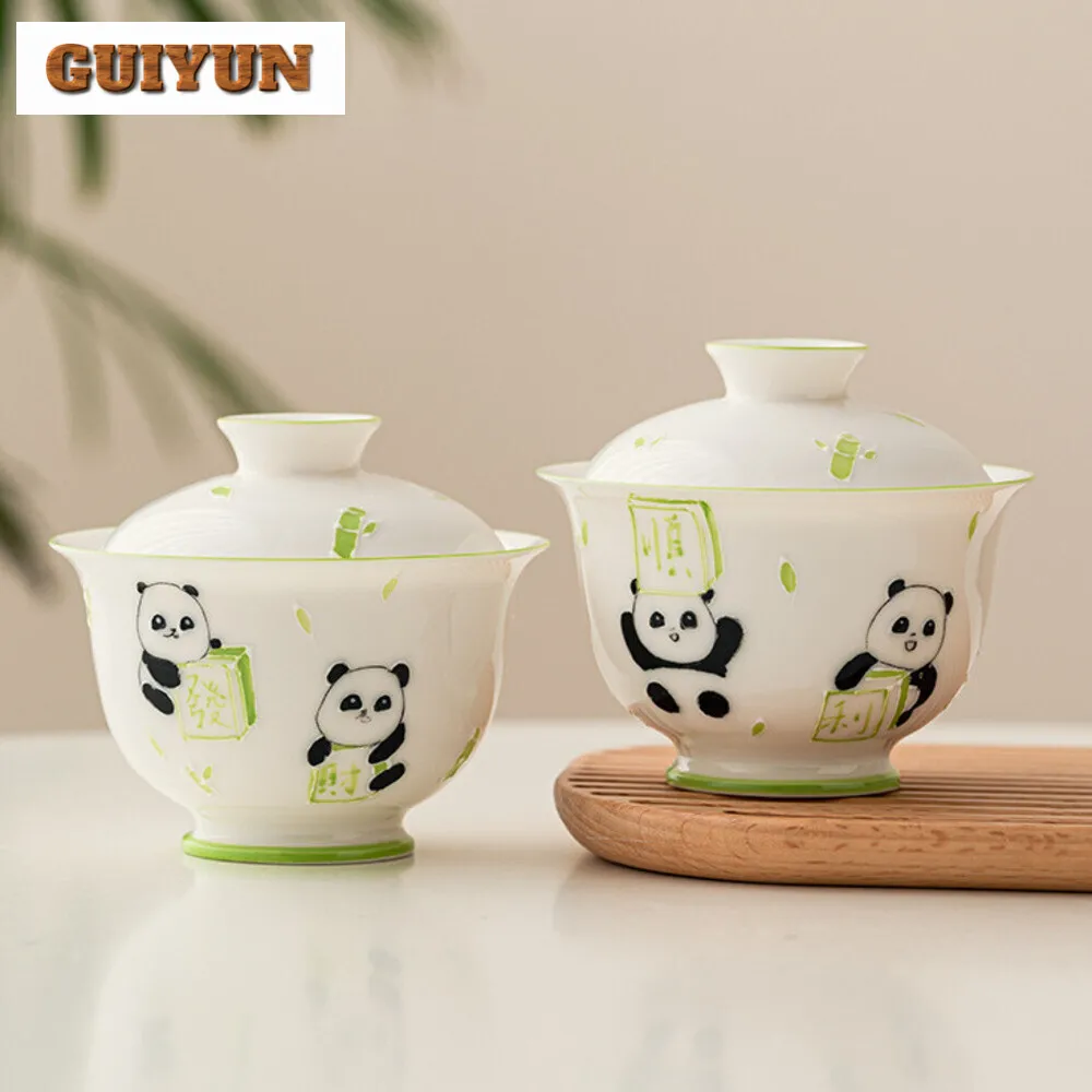 

125ml Hand Painted Panda Lucky Cover Bowl Household High-end Relief Gaiwan Traditional Tea Tureen Tea Making Cafes Collection