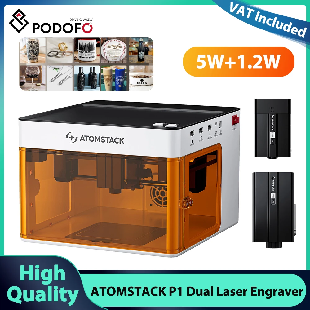 Podofo AtomStack P1 double graveur Laser 5W Diode 1.2W Laser infrarouge 2-en-1 Machine de découpe de gravure Laser 5000mW 110 × 110mm