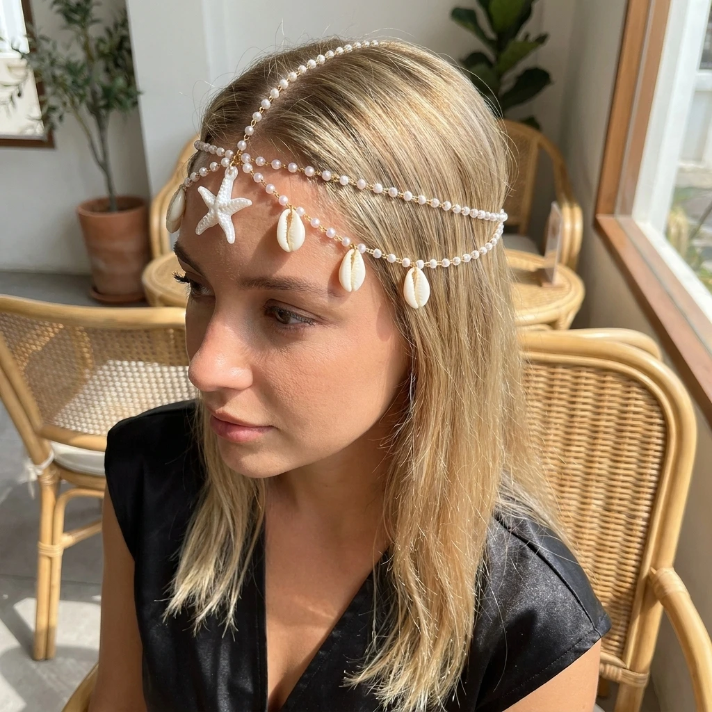 Böhmischer Haarreif mit Muschel-Haarschmuck und Perlenketten-Quasten für Damen – Eleganter Kopfschmuck für Strandurlaub und Geschenke – Detail 2