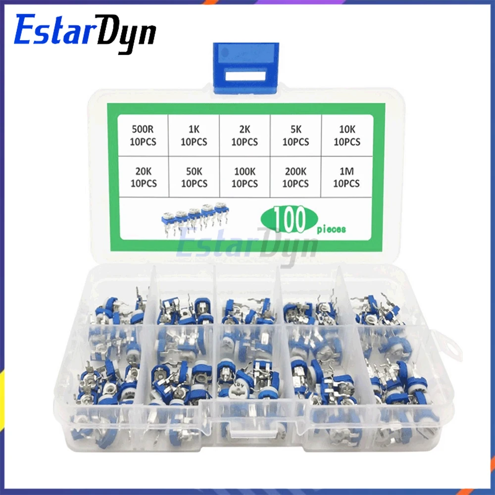 RM065 Комплект потенциометра обрезки 150 шт. 15 значений Ассортимент переменных резисторов с коробкой для ремонта электроники своими руками