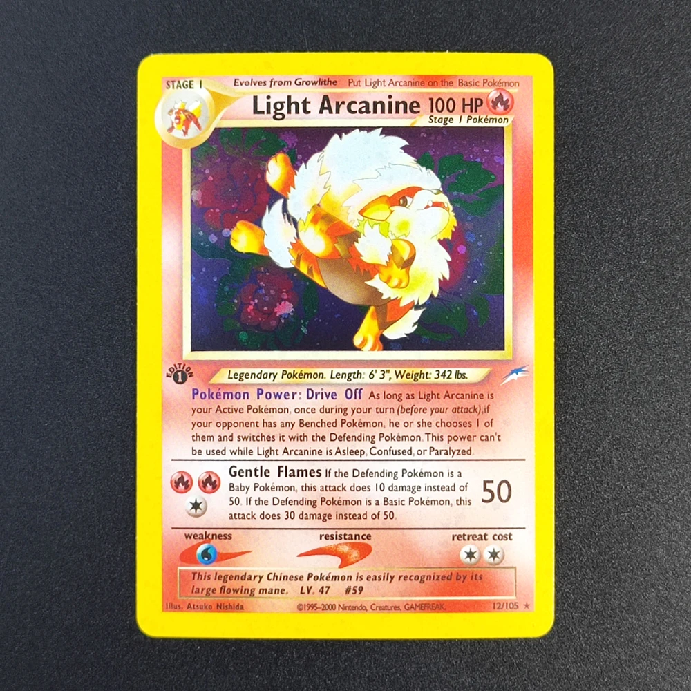 Cartão Proxy Pokémon EN Gym Challenge 1st Light Arcanine 12/105 Super Raro Colecionável Individual Clássico Anime Brinquedo