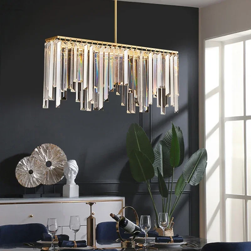 

Nordic Clear Crystal Luxury Ceiling Chandeliers Rectangle LED Lustres Hanging Lamps Home Decor Lights for Dining Table Ceiling