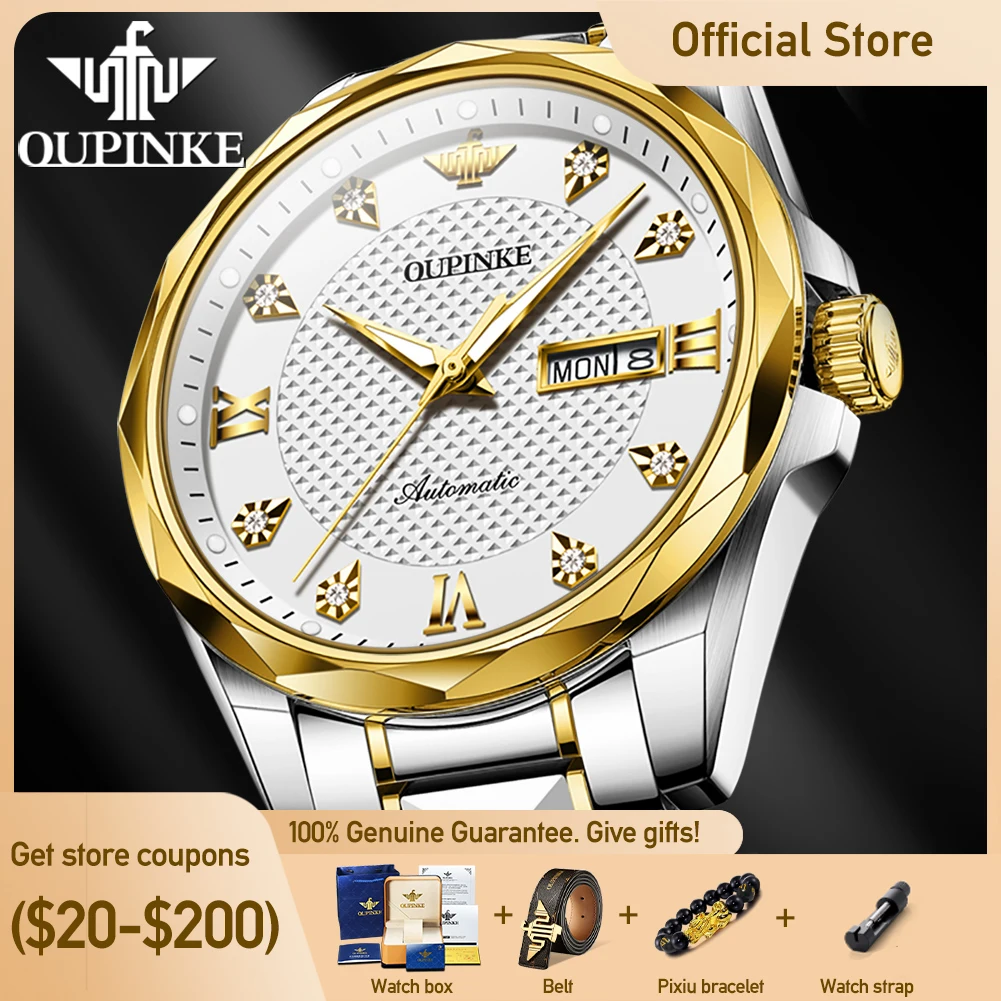 OUPINKE 3243オリジナル高級ステンレススチールメンズ腕時計自動巻き機械式防水夜光サファイアミラー