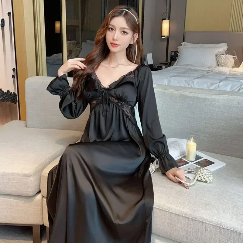 Women Sexy Ice Silk Nightclothes French Style V-neck High-Grade Nightdress Female Spring Autumn Long Sleeve Homewear Gorgeous