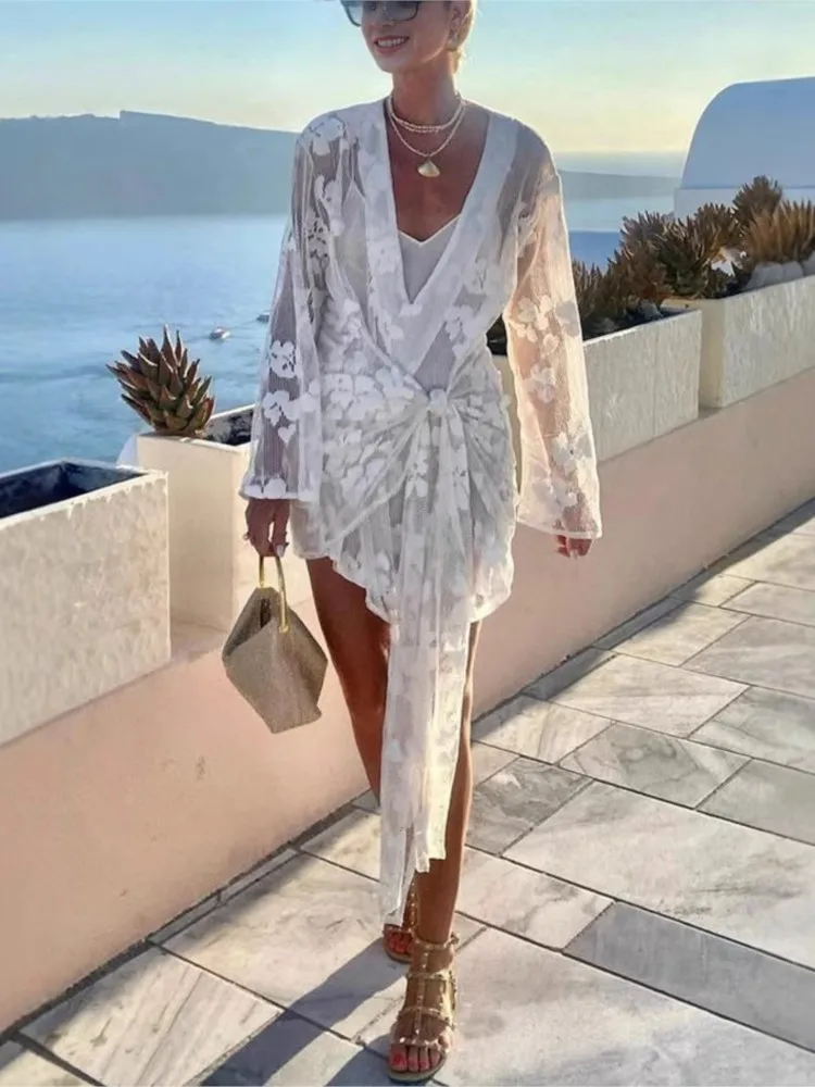 

2025 New White Lace Printed Beach Cover Dress Sexy Ladies Deep V Long Sleeved Mini Dress Casual Women Lace Up Draped Short Dress