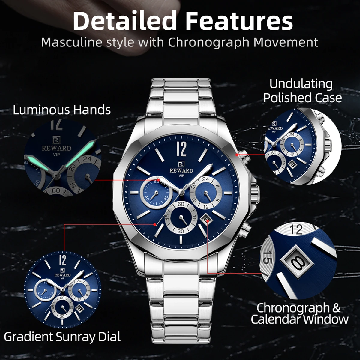 REWARD Business Chronograph Mens Watches Date Waterproof Quartz Luminous Men Wristwatch Stainless Steel Blue Dial Clock