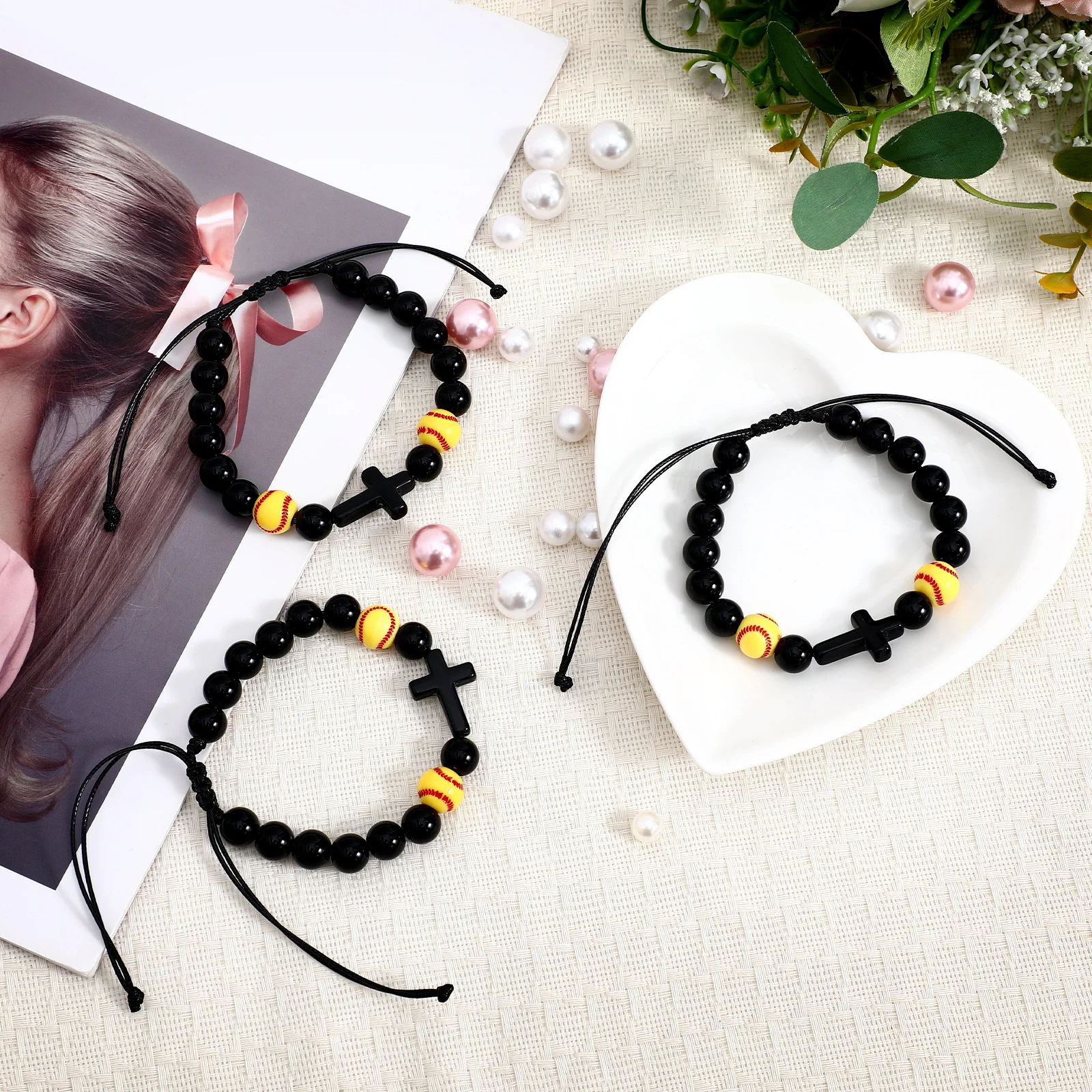 

12pcs Softball Bracelets Beaded Adjustable Wrist Jewelry Ball Charm Bracelets Sports Party Favors Fits Most Wrists