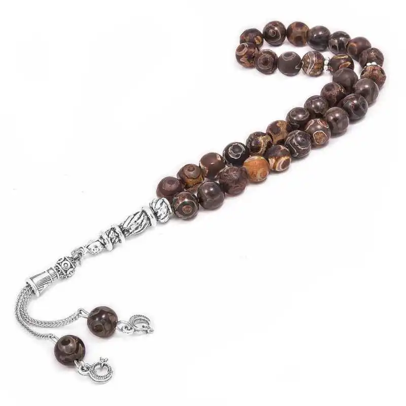 Fossil Rosary Natural Stone Beads 33 Tasbih Rosary 925 Sterling Silver Tasseled, Islamic Muslim Tasbih Allah Men Women Meditation jewelry, Tasby, Unisex