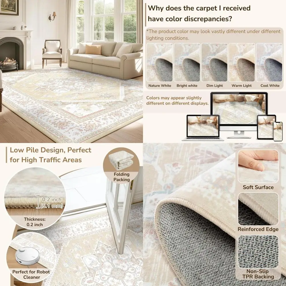 

BESTSWEETIE 8x10 Area Rugs for Living Room Washable Non Slip Carpet Low Pile Soft Vintage Print Pattern Rug for Bedroom Dining R