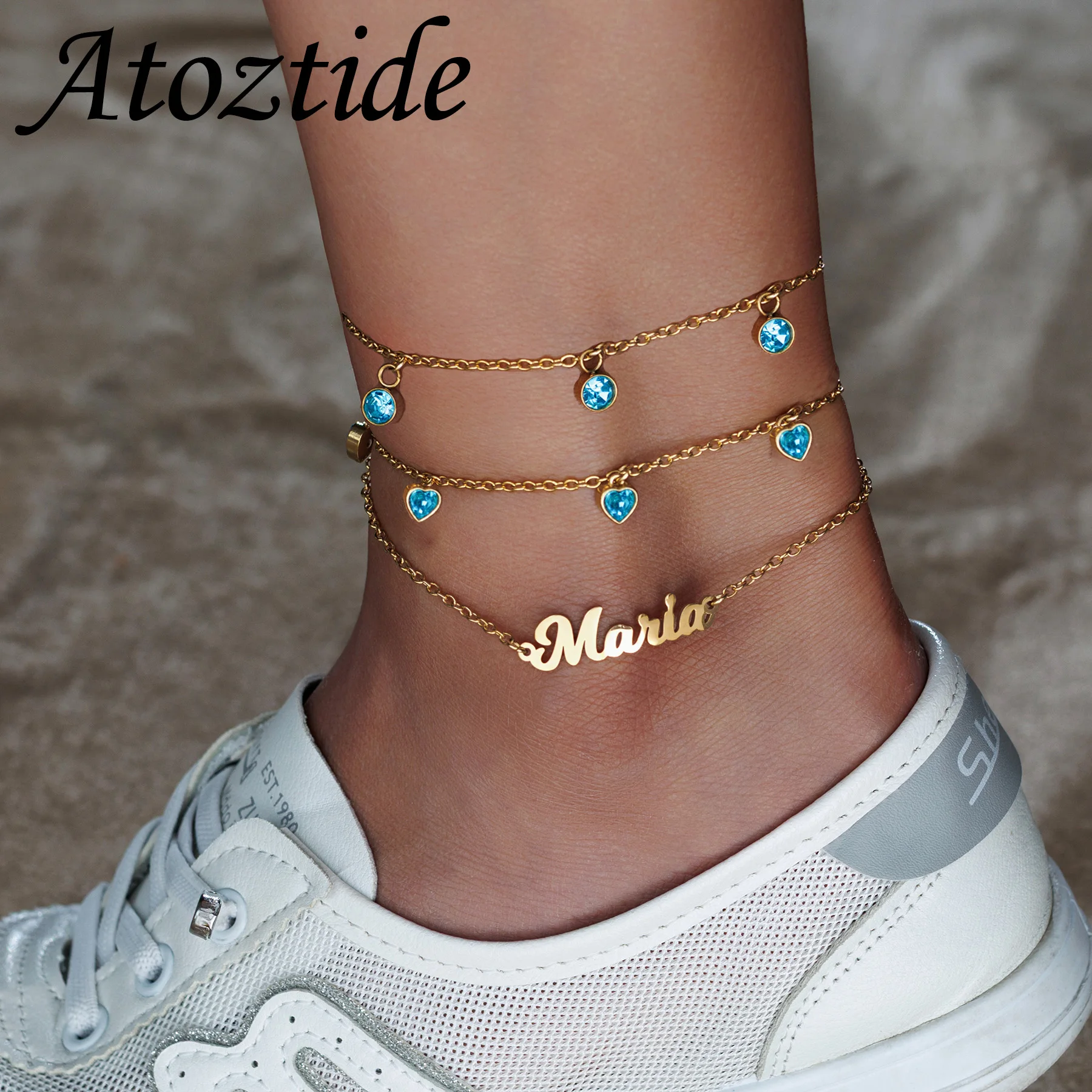 Atoztide Custom Name Anklet for Women Heart Birthstone Personalized Leg Chain Stainless Steel Jewelry Charms Summer Beach Gift