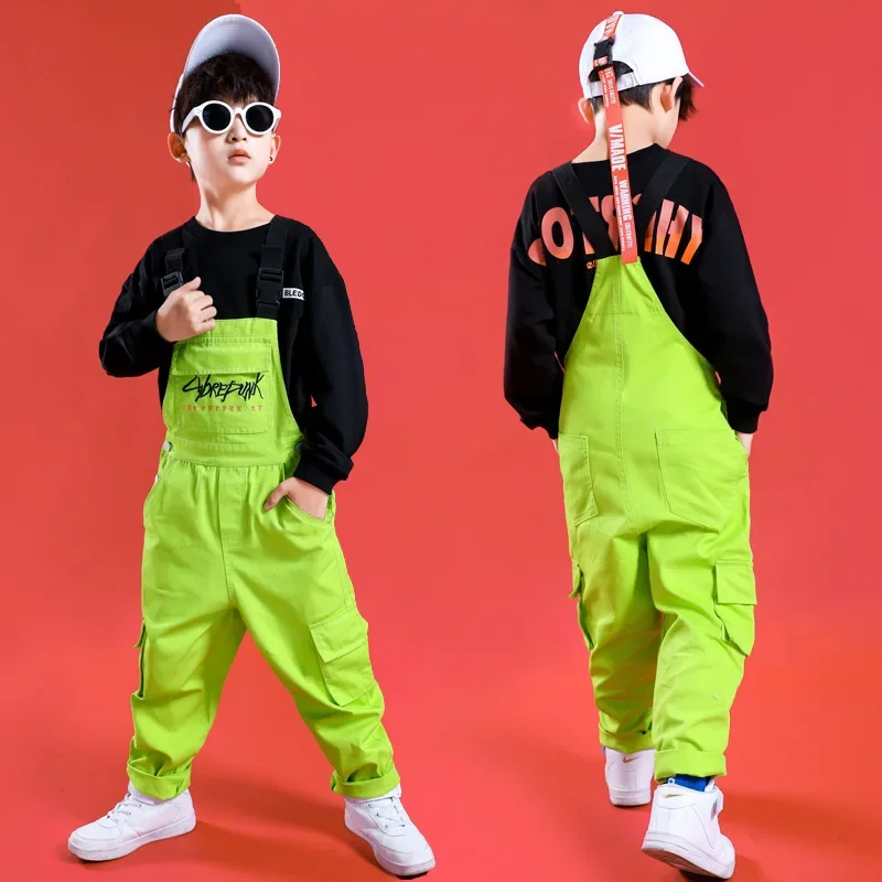 Hiphop Jazz Dance Kostuums Kids Lange Mouw Top Dunarees Jongens Meisjes Hip Hop Kleding Streetdance Podiumkleding