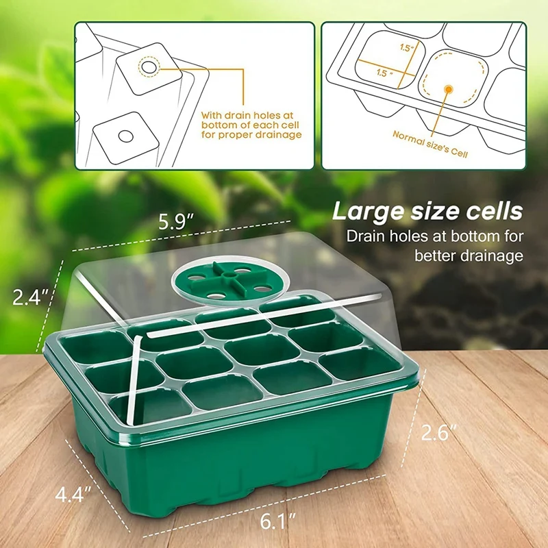 5-PCS Plastic Seed Tray Seedling Starter Kits, Plant Starter Kit With Humidity Domes And Base (12 Cells Per Tray) Green