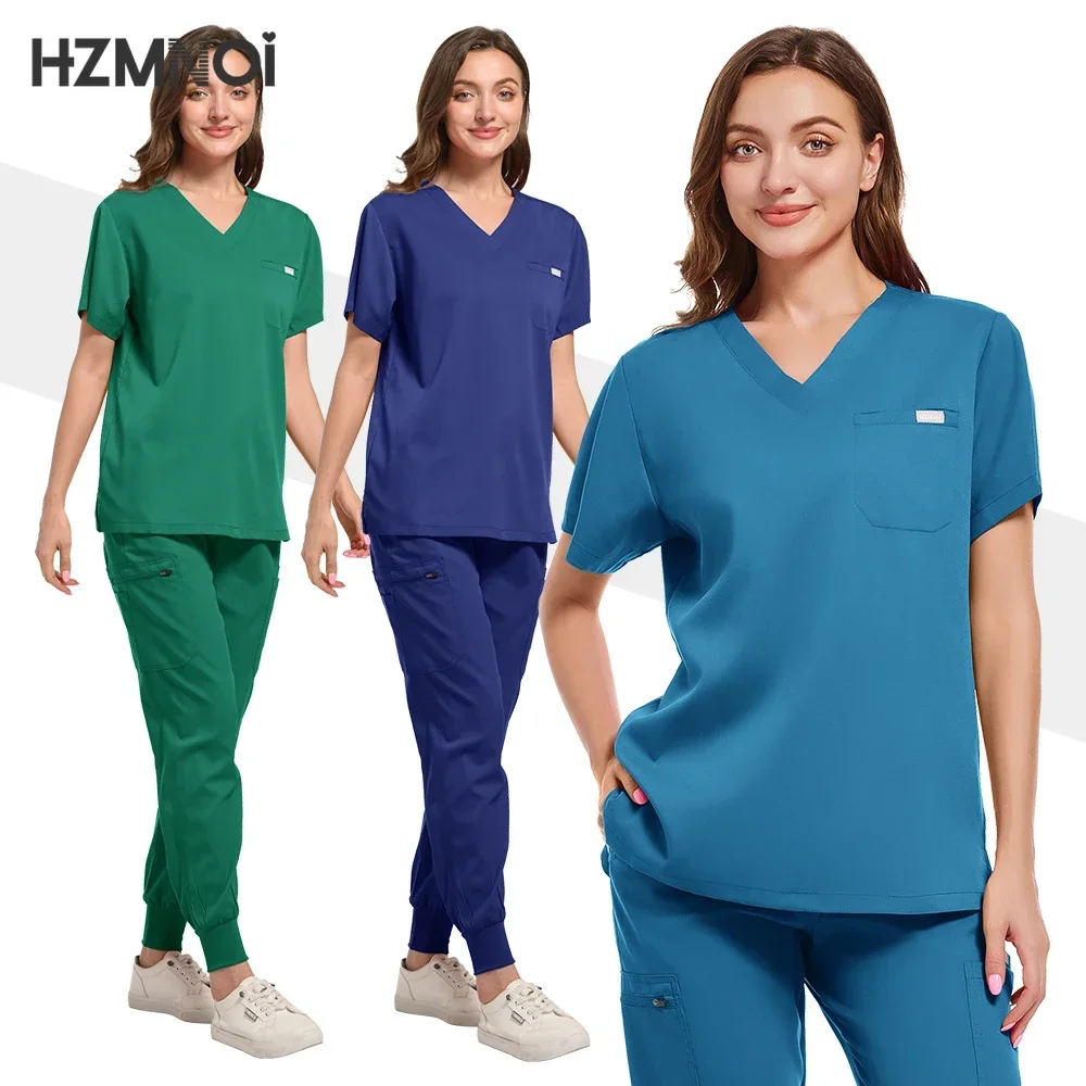 طقم نسائي بأكمام قصيرة فتحة رقبة على شكل حرف V وسروال ، سكرابز تمريض ، زي تزيين حيوانات أليفة ، ملابس عمل لجراحة الطبيب ، جودة عالية