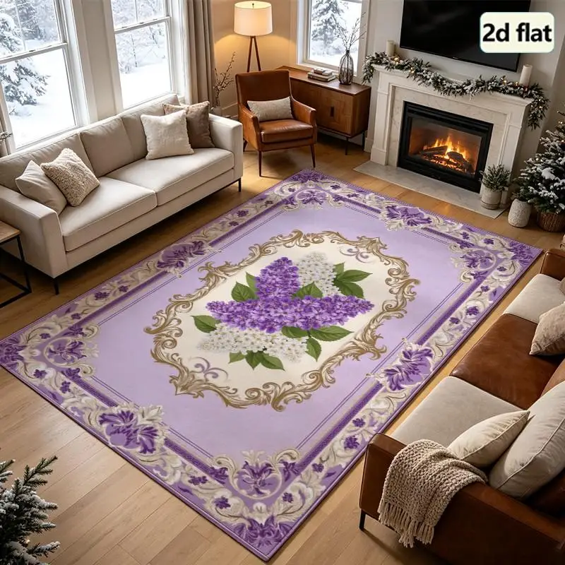 1pc Soft Plush Vintage Lilac Floral Ornate Pattern Rug, Soft Comfortable, All Seasons Suitable, Lightweight And Easy To Maintain, Home Decor, Living Room Decor, Bedroom Decor, Entryway Decor, Autumn, Winter