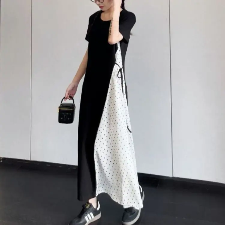 Couleur Blo ort Sve longue Dr grande taille femmes coupe ample minceur à pois t-shirt robe taille haute jupe trapèze