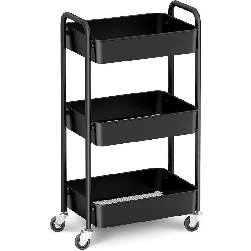 Rolling Metal Storage Organizer - Mobile Utility Cart, Kitchen Cart with Caster Wheels (Black)