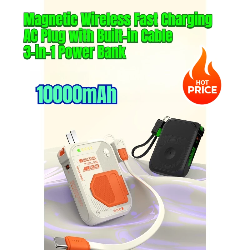 

10000mAh Magnetic Wireless Fast Charging AC Plug with Built-in Cable 3-in-1 Power Bank