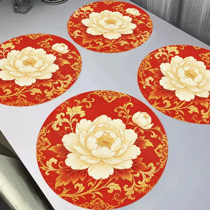 VIKAMA Gentle Watercolor Pink Purple Rose Peony Round Linen Placemats, Heat Resistant Waterproof Washable