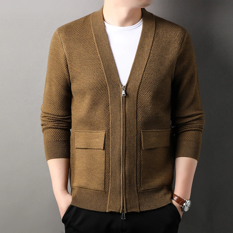 Autumn Men's Knitted Cardigan V-neck Zipper Basic Slim Fit Sweater Solid Color Casual Coat Men Jumper Knitwear Sweater Jacket