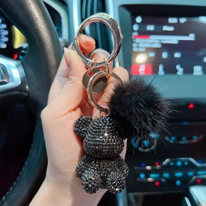 New fashion full diamond sitting bear key chain creative mink hair car key chain cute bag pendant gift. 10 best sales diamond key chain - №9