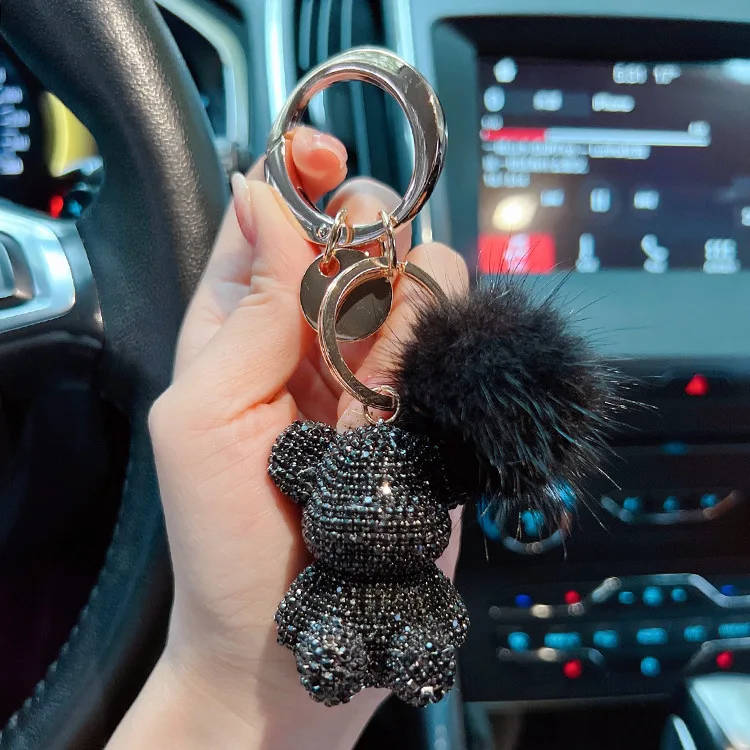 New fashion full diamond sitting bear key chain creative mink hair car key chain cute bag pendant gift.