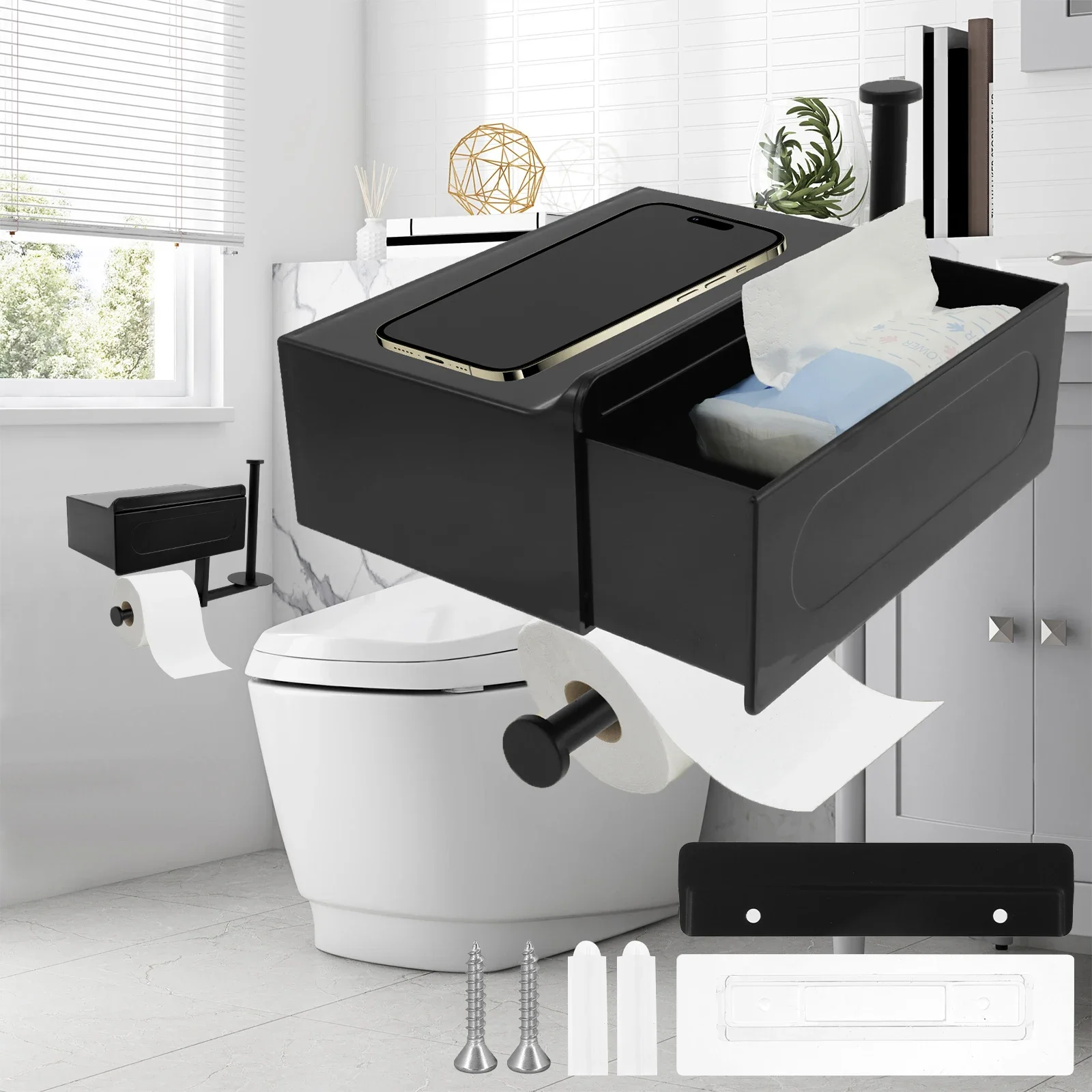 

Toilet Paper Holder No-punch Wall-Mounted WC Roll Paper Rack with Storage Drawer Tissue Shelf for Bathroom Organizer Accessories