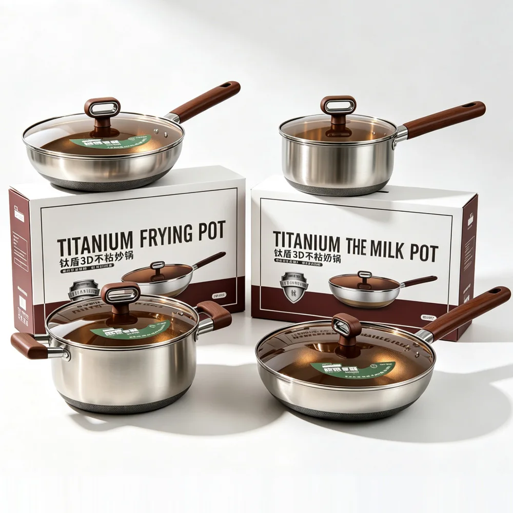 4Pcs Stainless Steel Cookware Set Non‑stick Wok Frying Pan Stock Pot Milk Pot for Induction Gas Stove