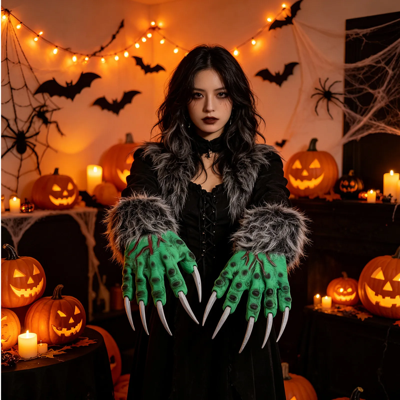 1Pair Green Claw Gloves Halloween Costume Scary Gothic Claws Ideal for Witch Cosplay and Horror Party Accessories