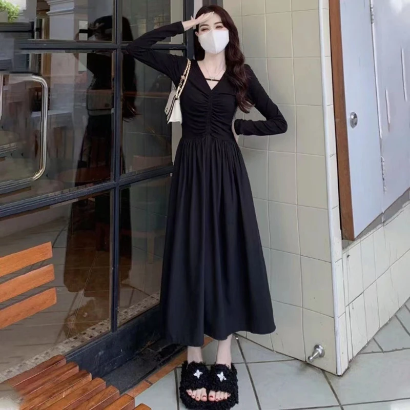 Elegant Lady Dress Gothic Y2K Women V Neck Waist-Fitted Slimming New Solid Midi Dresses Fashion Arcane Casual Long Sleeve Skirt