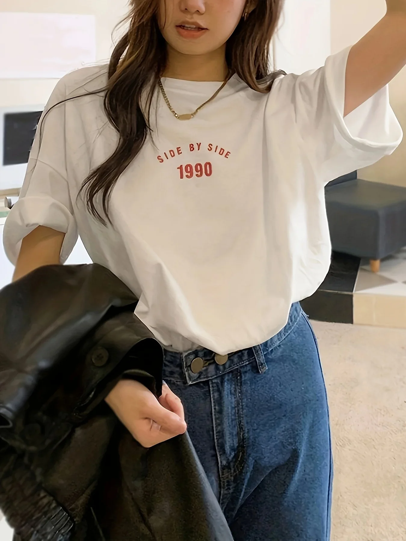 

Korean Style 1990 Side By Side Letter Printed Female T-Shirt Summer Casual Cotton T Shirt FashionStreetwear Women Tops Regular