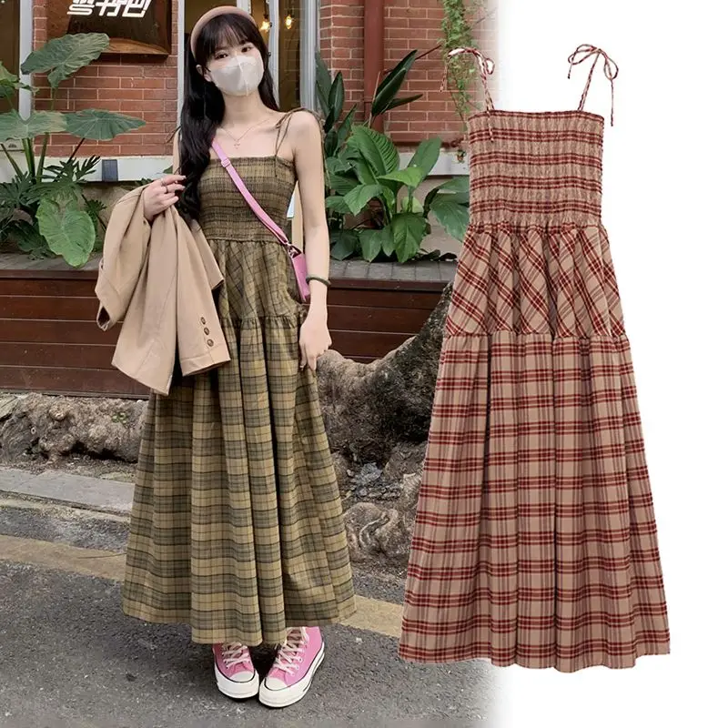 

Women Summer New Slip Dress Niche Versatile Sweet and Spicy Midi American Vintage Plaid