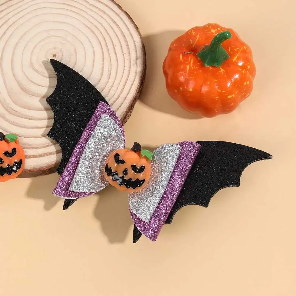 Glitter Halloween Pumpkin Hair Bows Clip Bat Wing Hairpin Headdress Performance Barrettes Halloween Party Hair Accessories