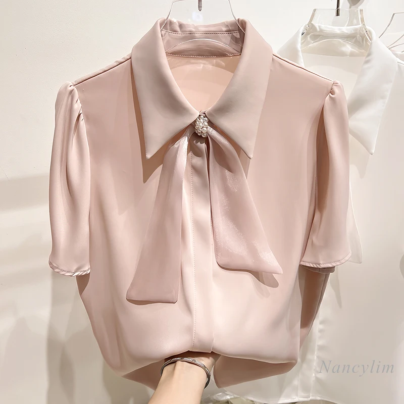 2024 New Elegant Slimming Lapel Beaded Organza Lace-up Solid Color Short Sleeve Chiffon Shirt for Women Summer OL Top