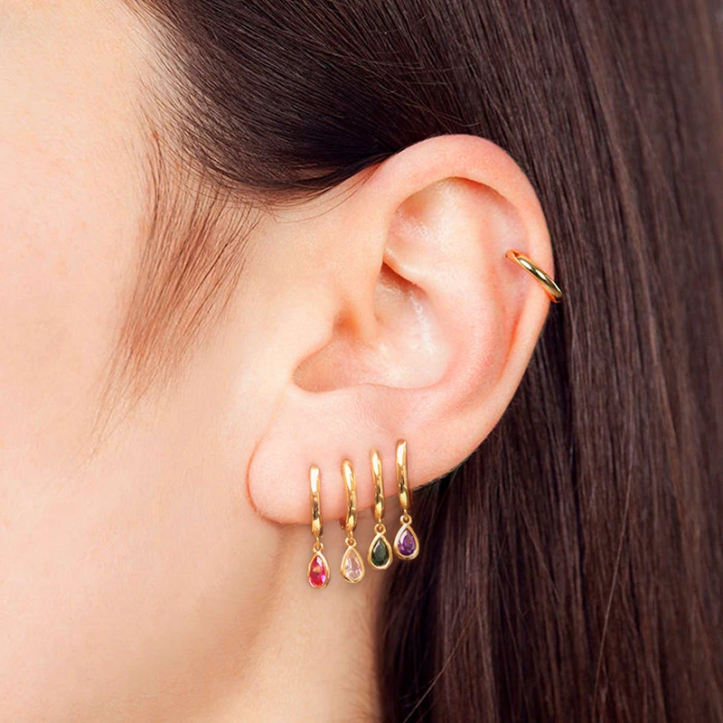 925 Steling Silver Ear Needle Fashion Colorful Crystal Hoop Earrings for Women Water Drop /Round Pendant Earring Luxury Jewelry