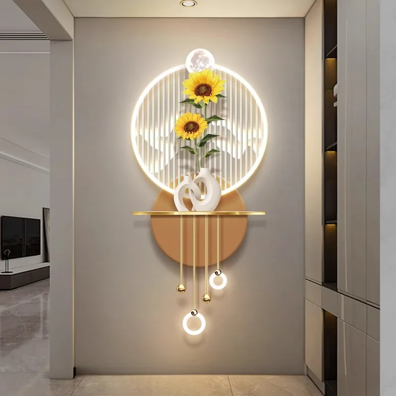 ひまわりのエントランス装飾絵画ウォールランプ、高級感のある廊下の端の照明付き