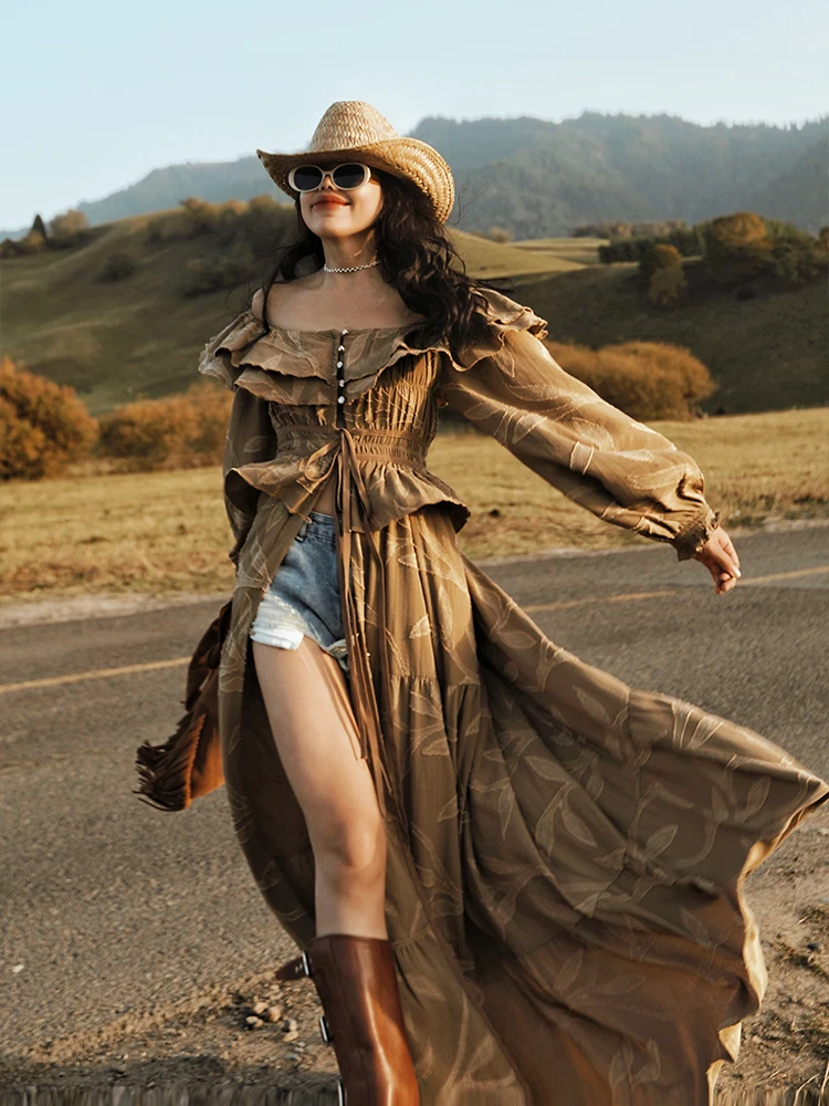 TIYIHAILEY robes longues lanterne manches femmes imprimé épaules nues vêtements mode 2025 robes Sexy dames Maxi pansement fente