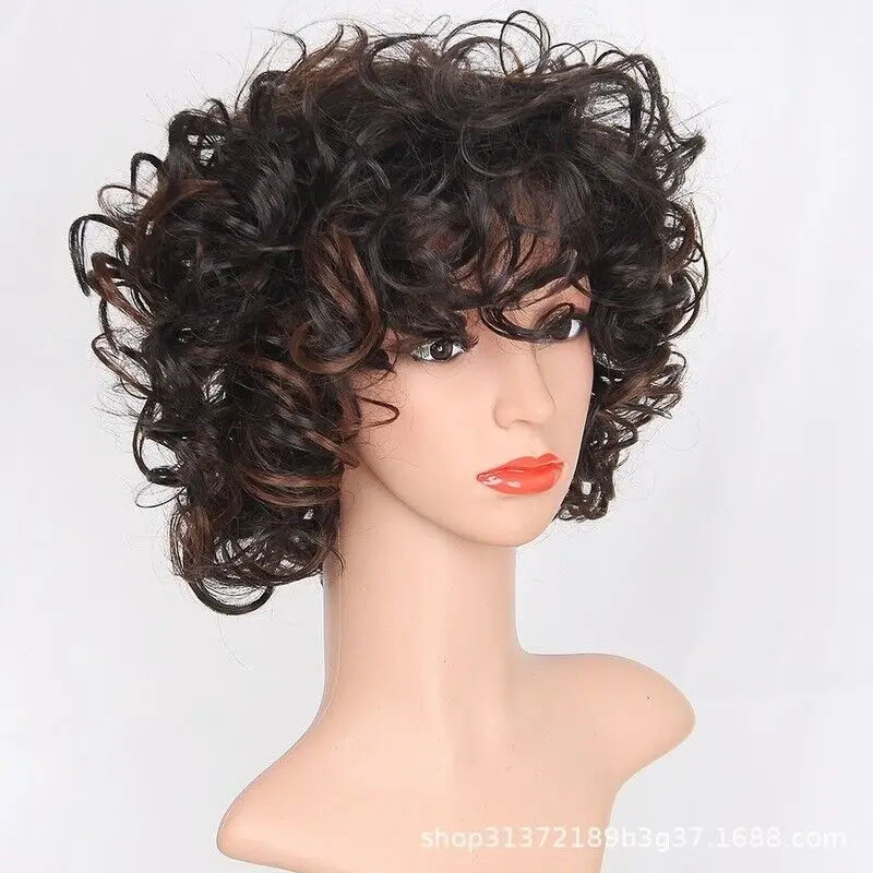 Women Wig Brown Short Full Wavy Synthetic Natural Kinky Curly Hair Wigs