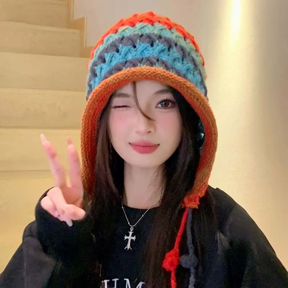 Japanese Style Tassel Ball Knitted Hat Stripe Ear Protection Rainbow Knitted Beanie Windbreak Korean Style Winter Bomber Hat